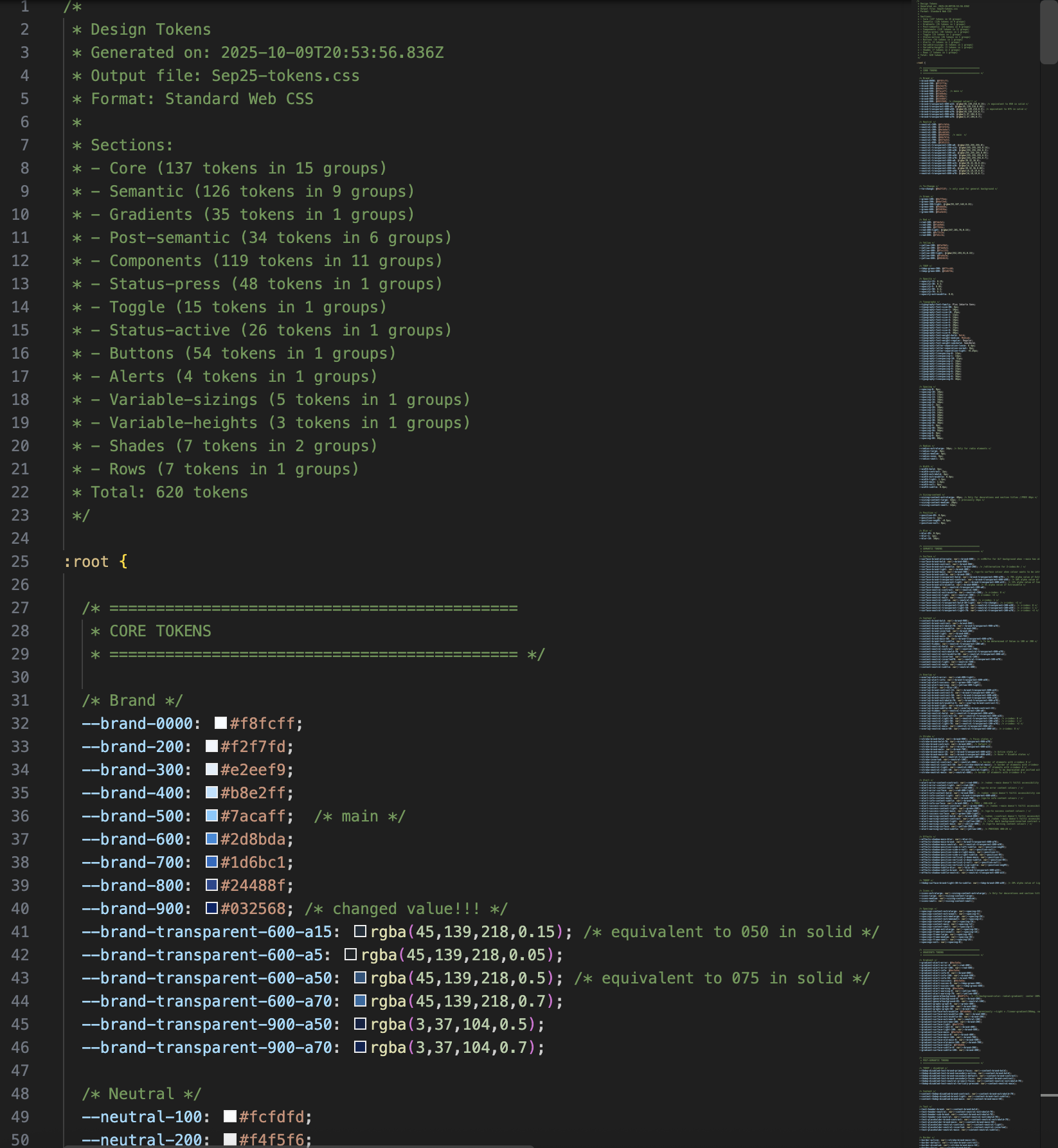 CSS output with metadata header and preserved comments from Figma