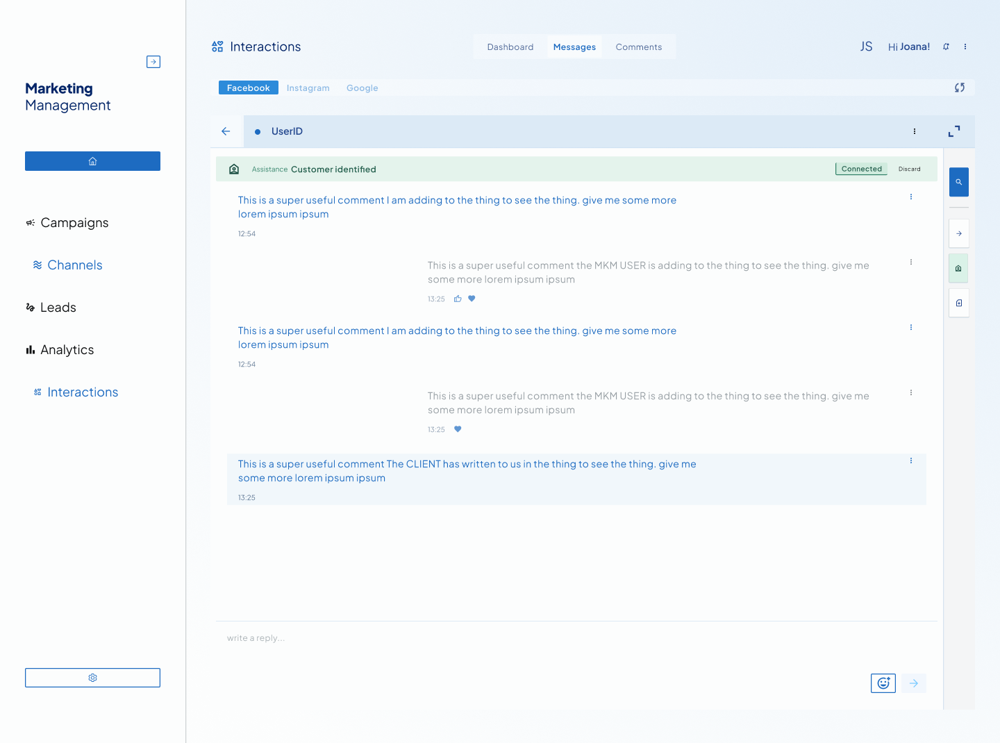 Visual display: Customer has been located and connected with Bussiness internal profile. Now Support can see the conversation