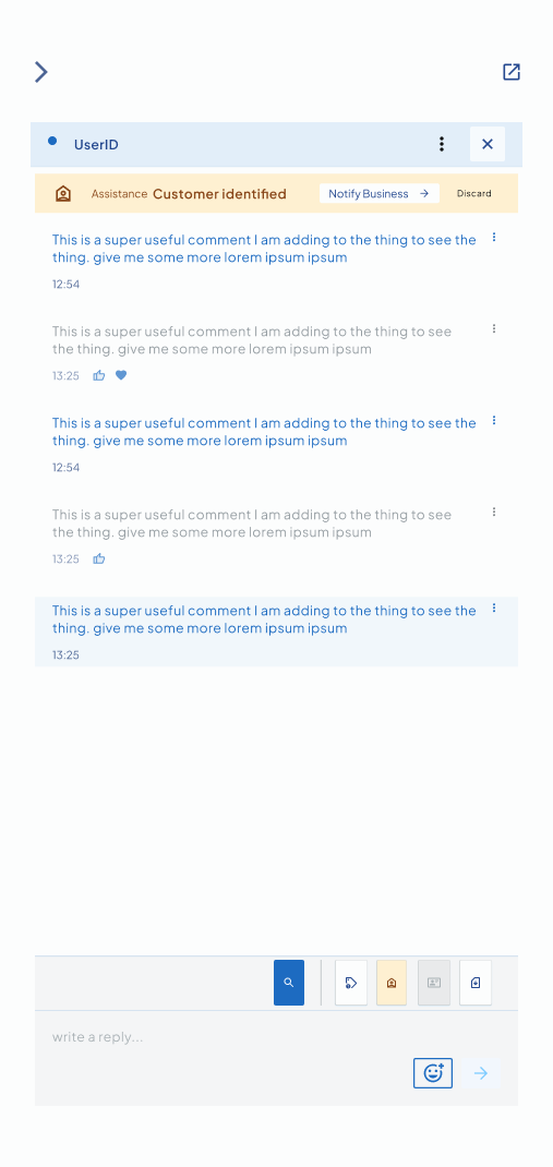 Visual alert indicates conversation has been identified as potential Support issue (ID has been provided by customer) 