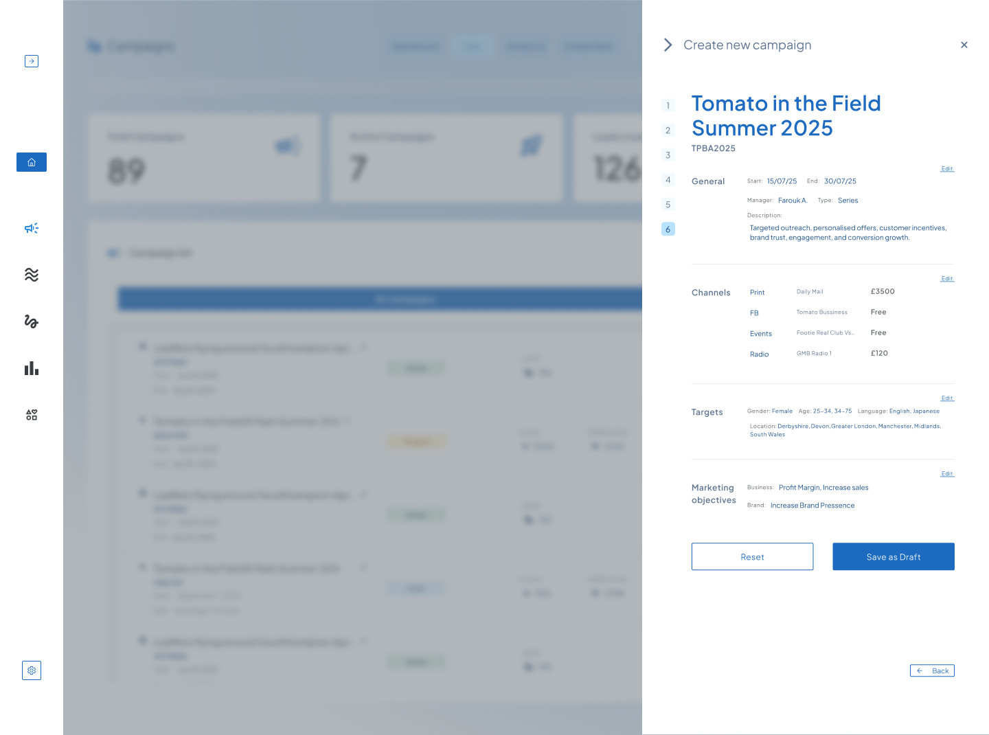 Campaign creation flow summary screen showing configured settings and review before launch