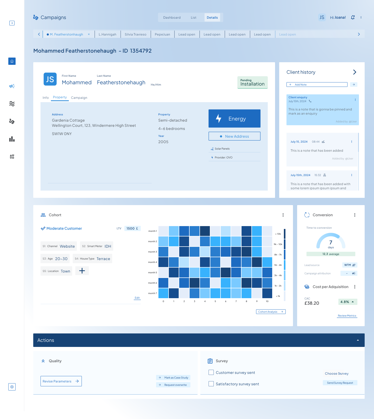 Lead management interface for energy sector showing customer details and interaction history